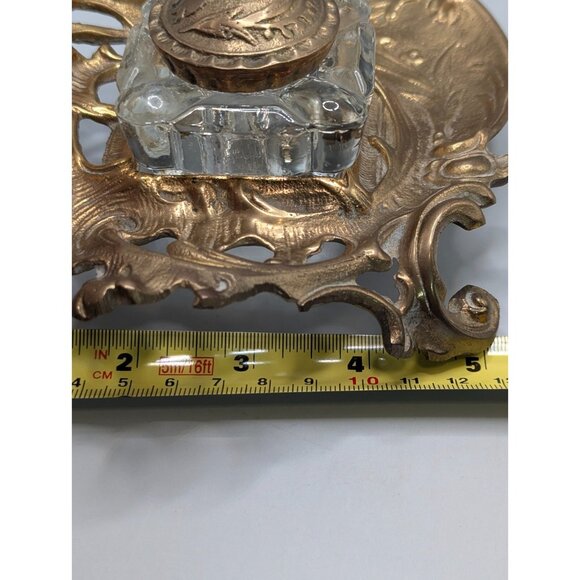 Vintage Brass Ornate Floral Inkwell with Glass Bottle & Lid - Picture 10 of 13
